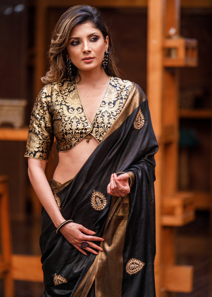 Black linen cotton saree with hand embroidered zardosi buta