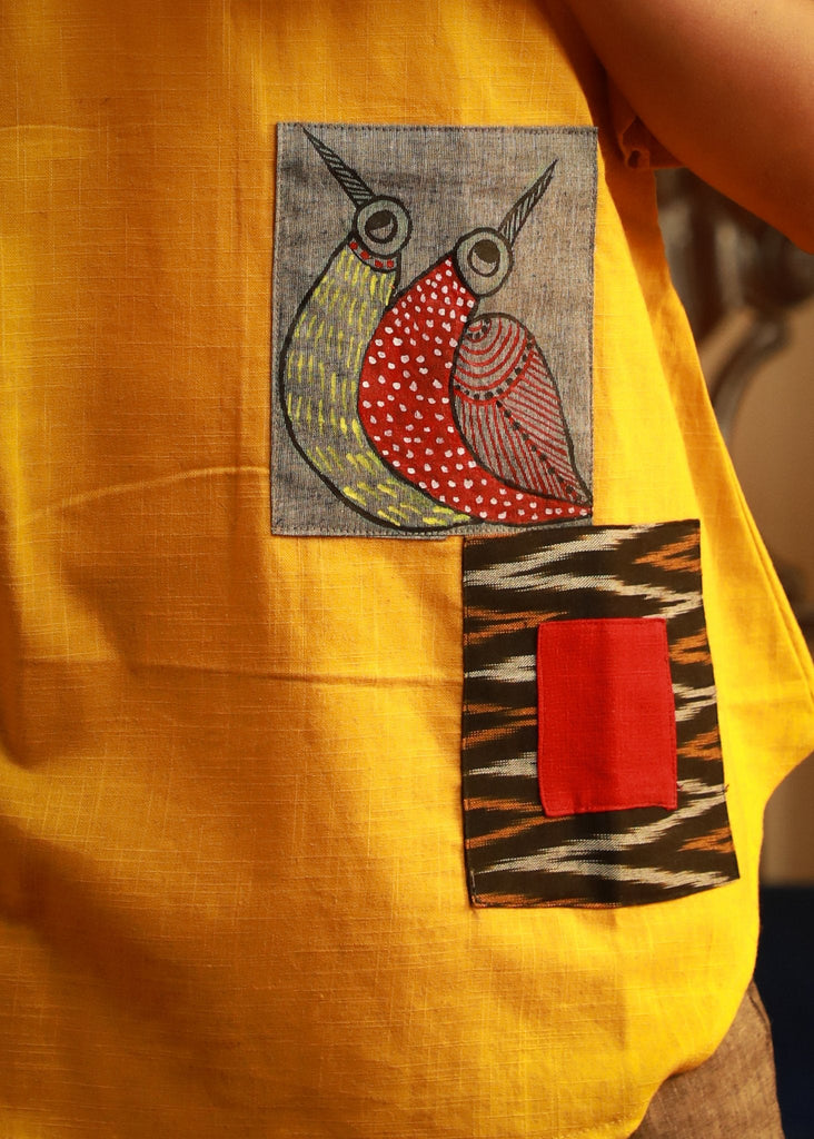 Gond tribal art hand-painted Multi-patchwork pure cotton top In beautiful mustard colour