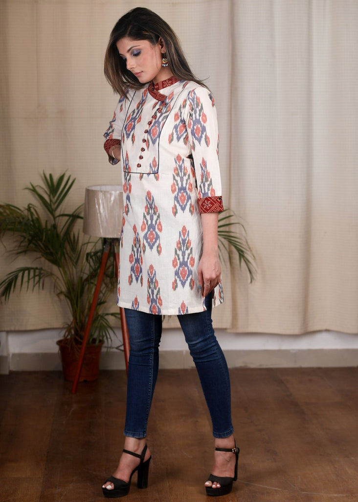 Exclusive white Ikat tunic with Ajrakh collar