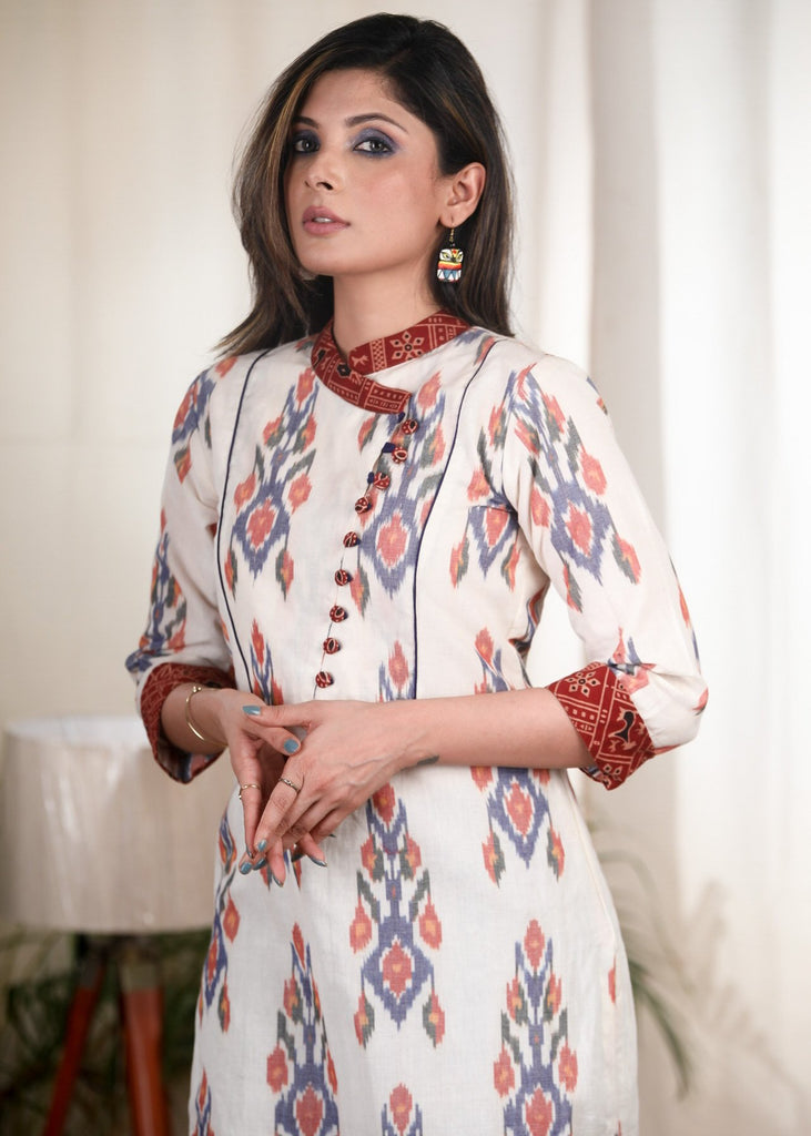 Exclusive white Ikat tunic with Ajrakh collar