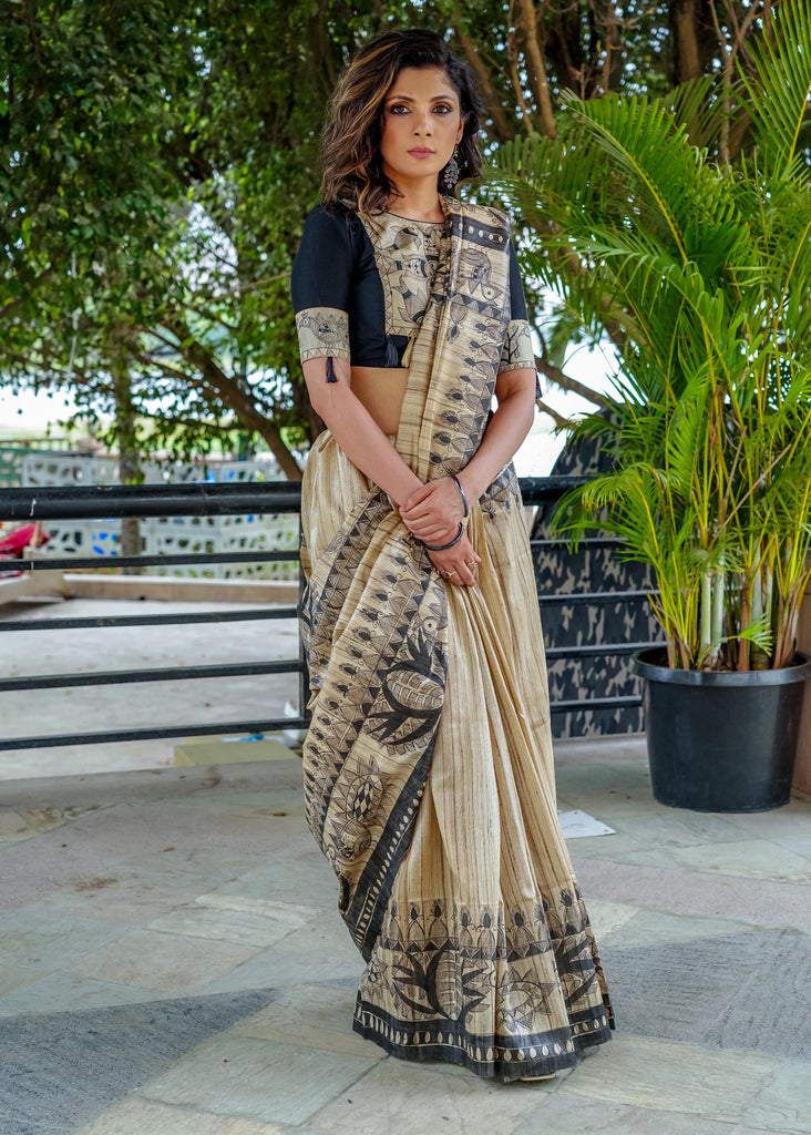 Beautiful beige pure Ghicha silk handpainted madhubani saree