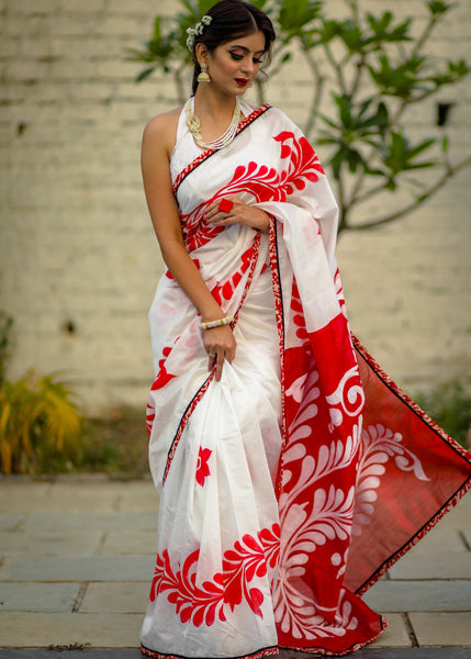 Buy Iconic White Red Cotton Saree Online – RODDUR