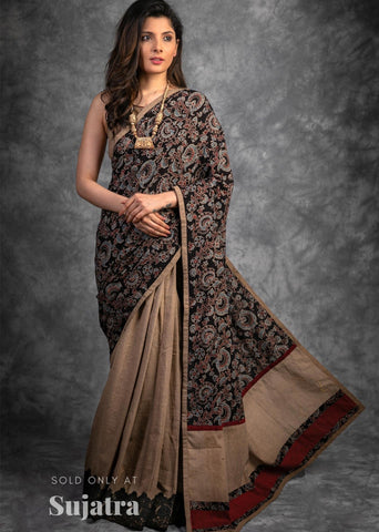 Exclusive handloom cotton Ajrakh block printed saree