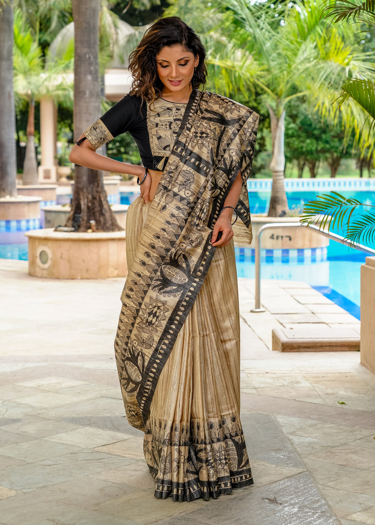 Beautiful beige pure Ghicha silk handpainted madhubani saree