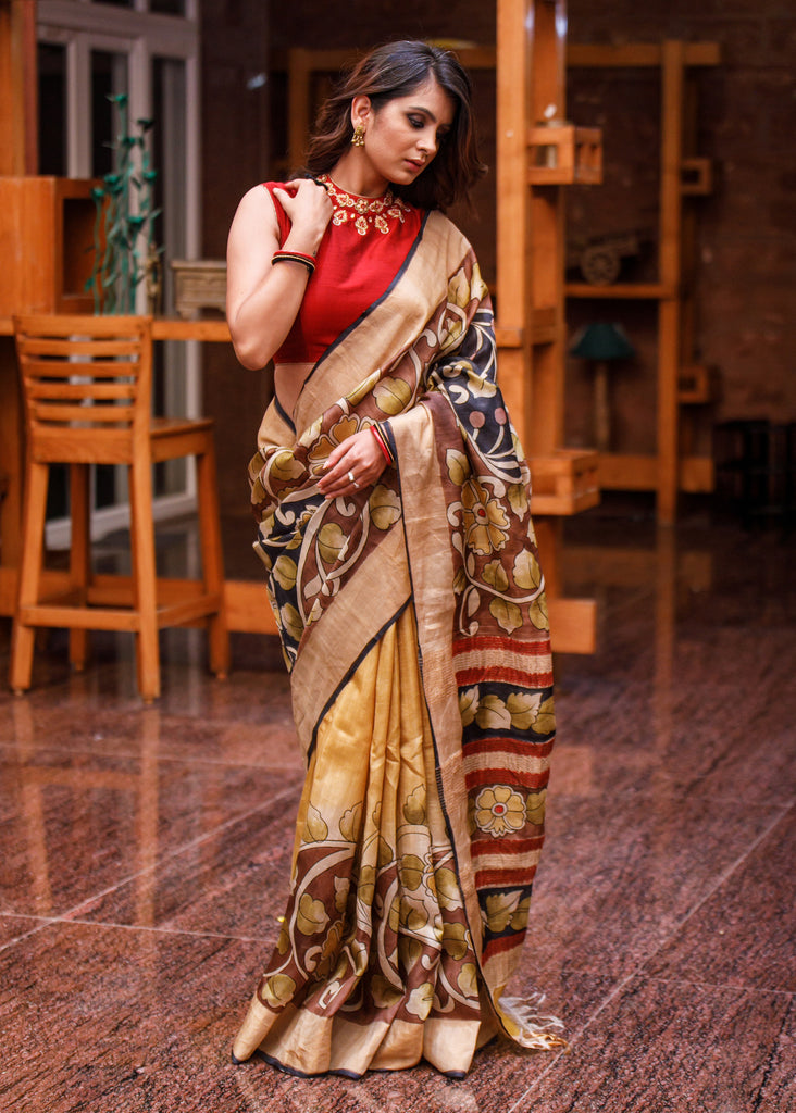 Exclusive Pure tassar silk saree with kalamkari design