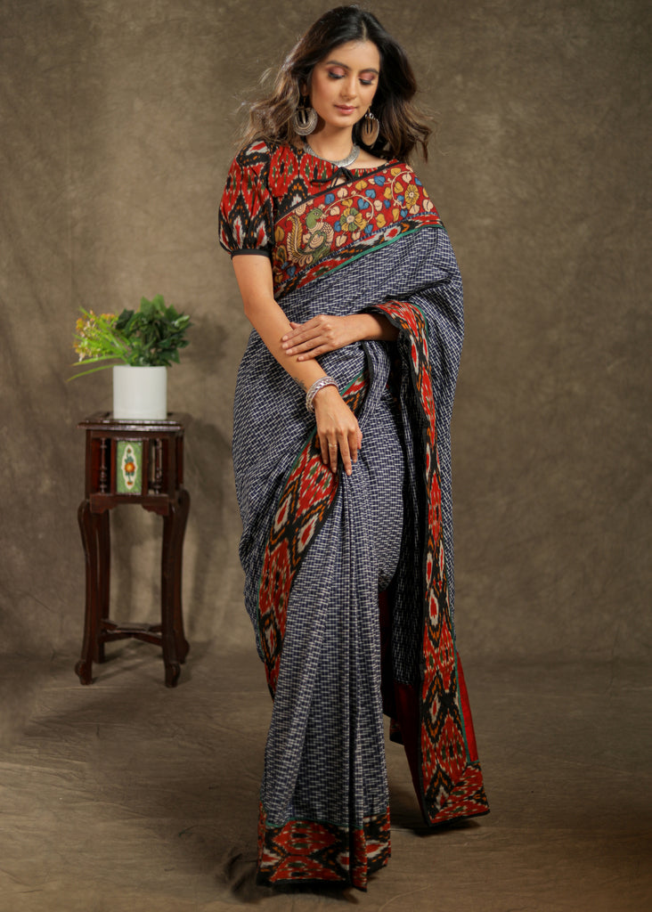 Blue Cotton Ikat checks saree with beautiful combination of Kalamkari and Ajrakh border