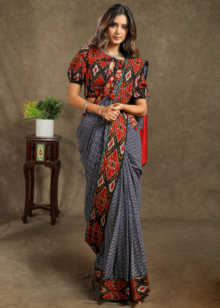 Blue Cotton Ikat checks saree with beautiful combination of Kalamkari and Ajrakh border