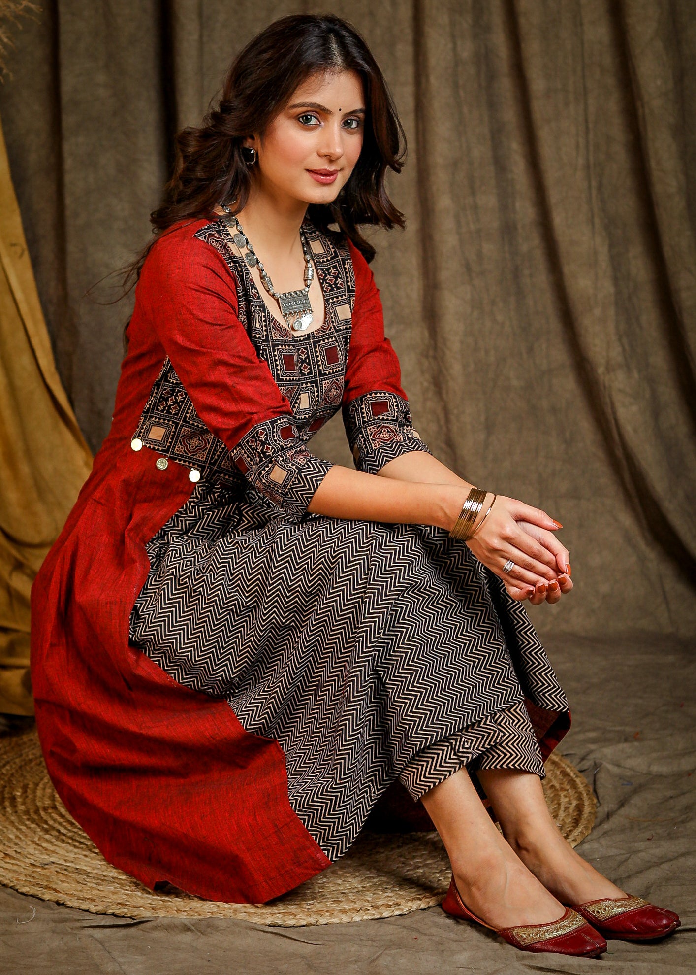 A-Line Cotton Ajrakh Combination Kurta with Gathers in front- Matching Pant Optional