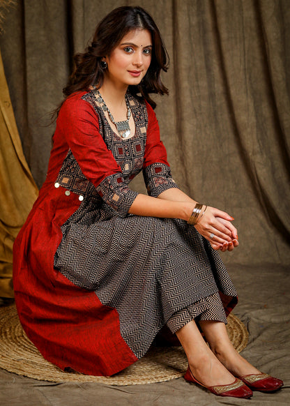 A-Line Cotton Ajrakh Combination Kurta with Gathers in front- Matching Pant Optional