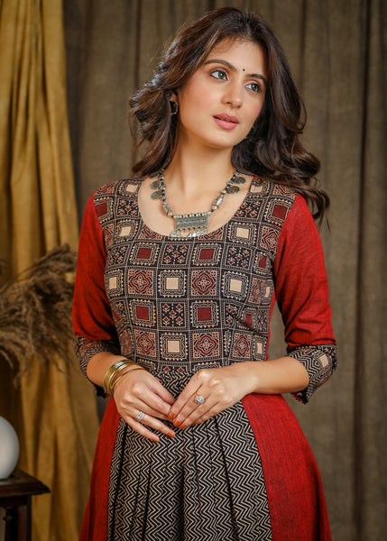 A-Line Cotton Ajrakh Combination Kurta with Gathers in front- Matching Pant Optional