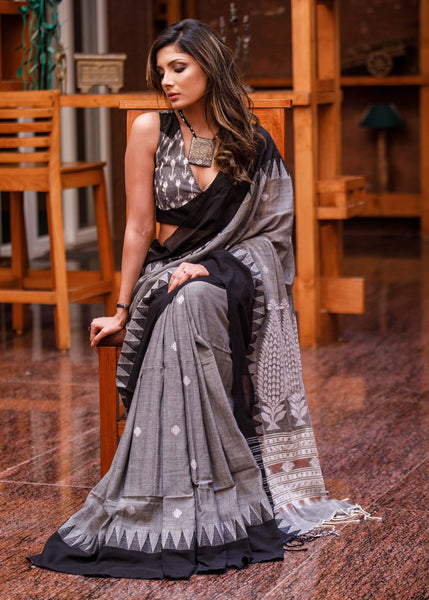 Dark Gray Linen Cotton Saree Wholesale Rate In Surat