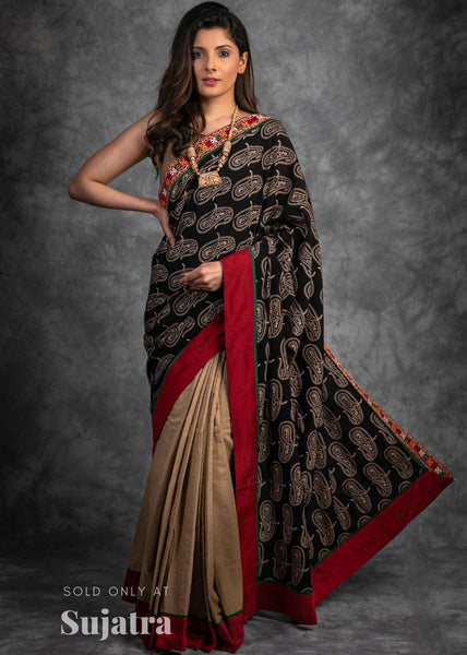 Ajrakh handblock printed saree with kutch mirror work combination handloom cotton saree