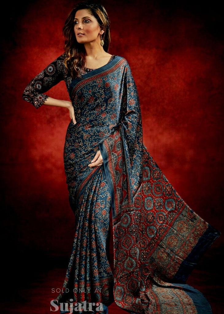 Exclusive dark blue block printed Ajrakh modal silk saree