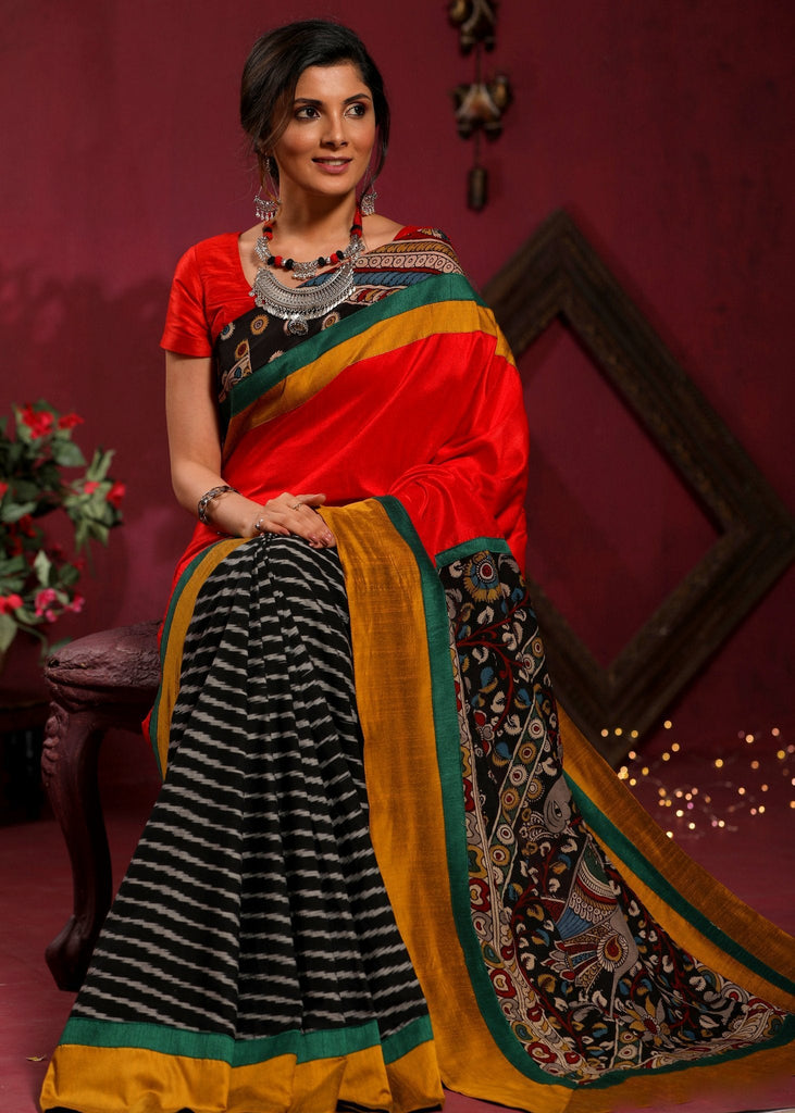 Red Raw silk & ikat combination pleats saree with hand painted kalamkari pallu - Sujatra