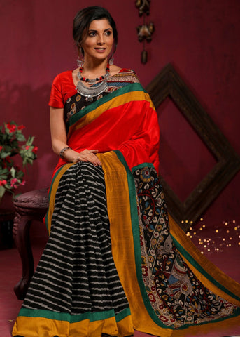 Red Raw Silk & Ikat Combination Pleats Saree With Hand Painted Kalamkari Pallu