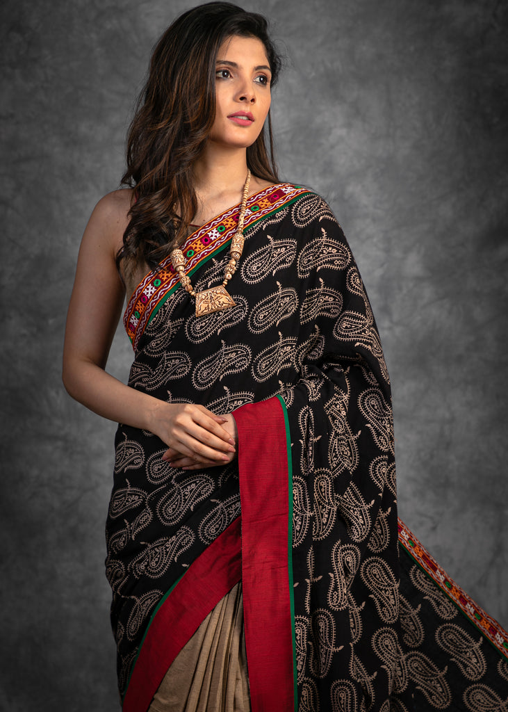 Ajrakh handblock printed saree with kutch mirror work combination handloom cotton saree