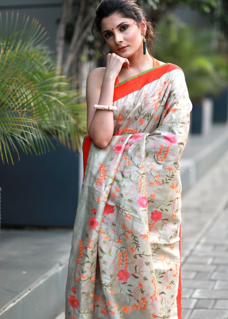 Exclusive embroidered silk linen saree