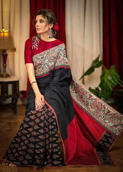 Exclusive Madhubani painted cotton saree with Ajrakh pleats