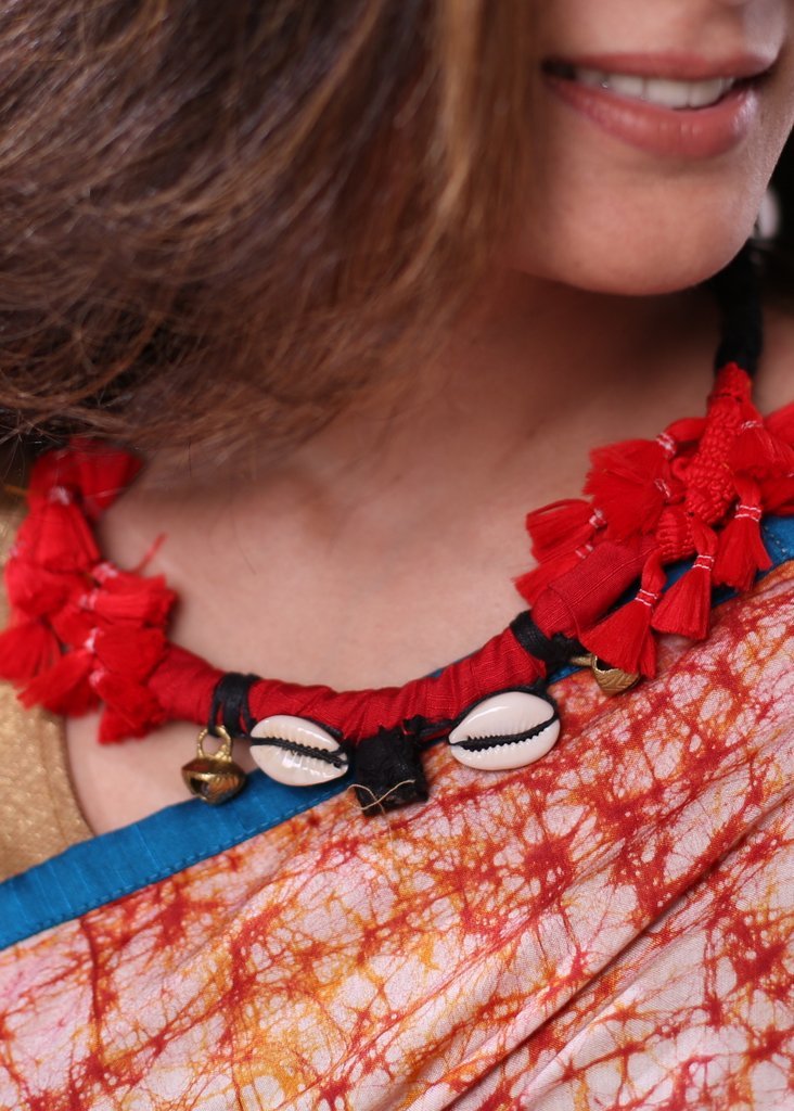 Handmade red and black tassels, cowrie neckpiece - Sujatra