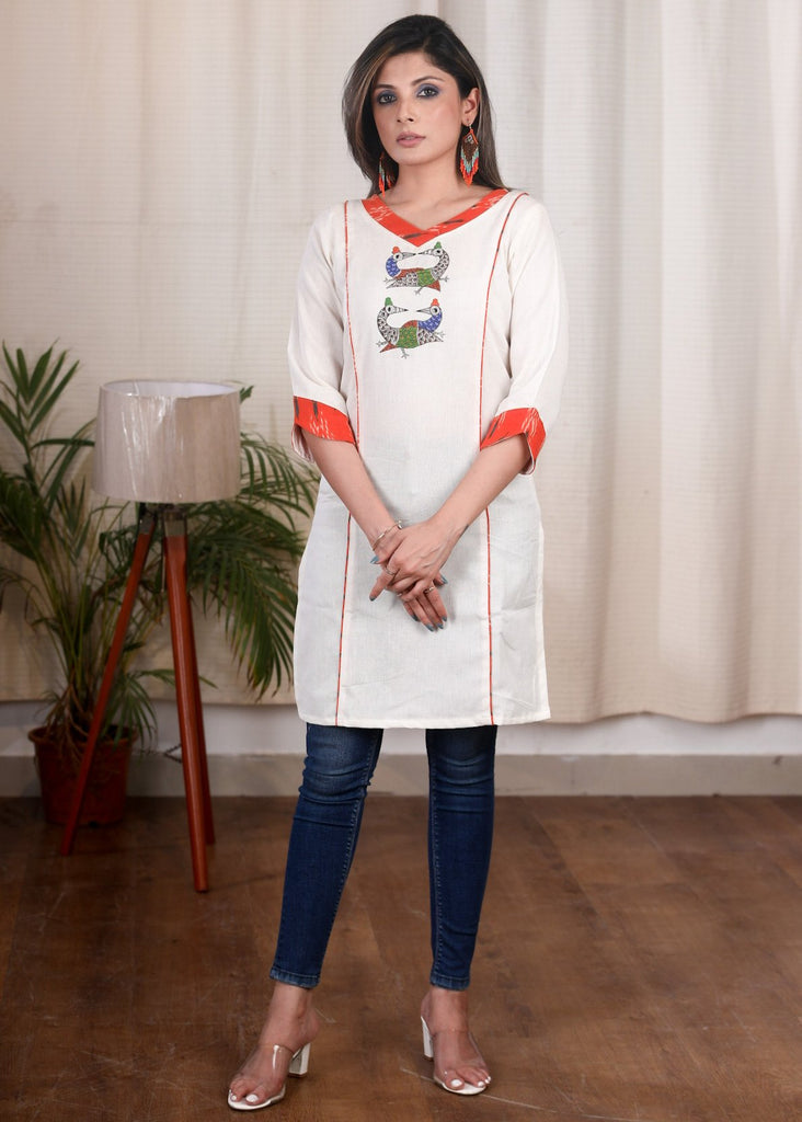 Gond hand painted cotton flex tunic with Ikat neck