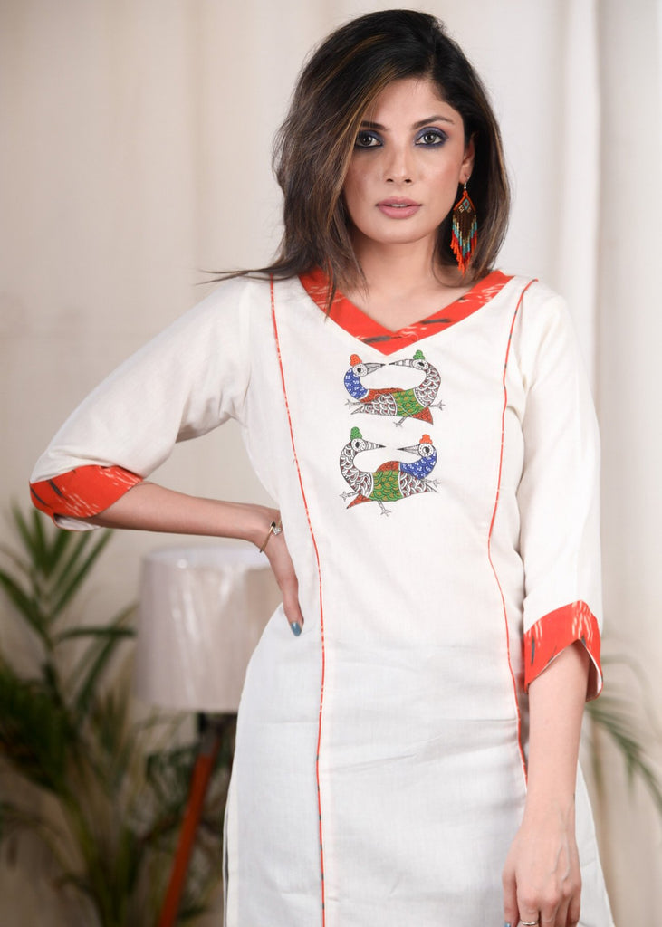 Gond hand painted cotton flex tunic with Ikat neck
