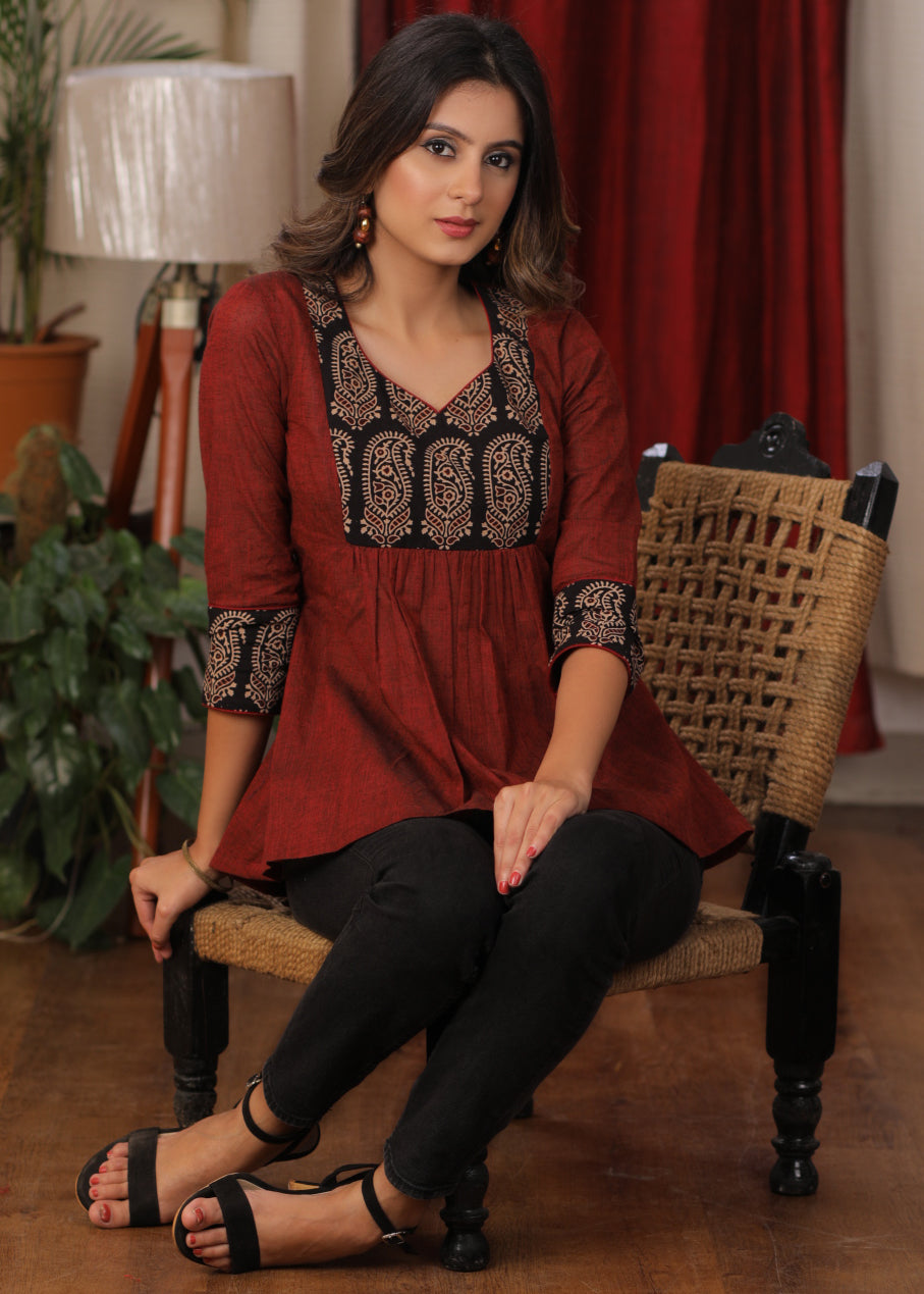 Stylish Ajrakh combination maroon Top