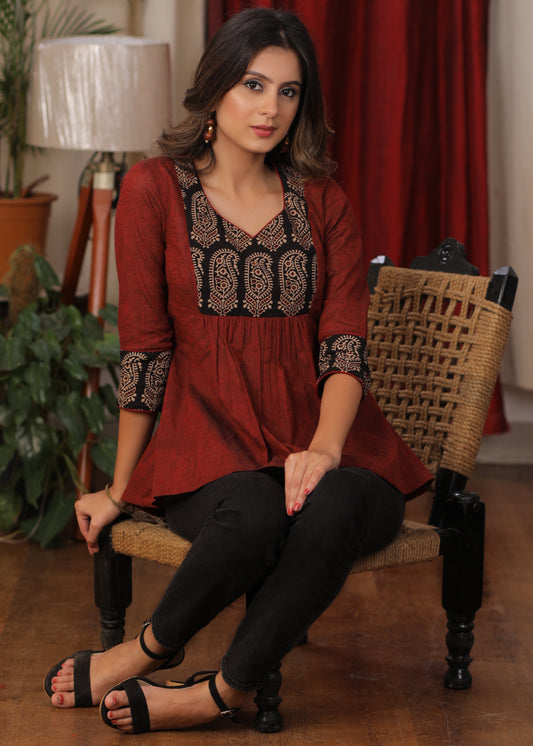 Stylish Ajrakh combination maroon Top