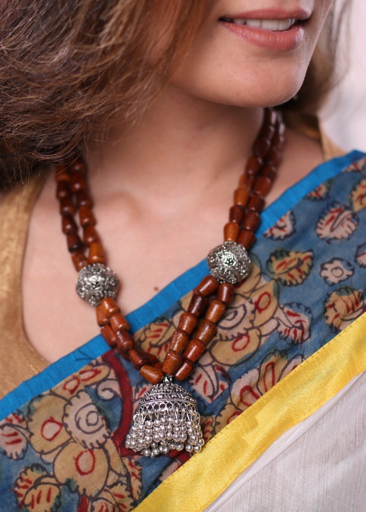 Exclusive wooden beads and german silver pendant neckpiece - Sujatra