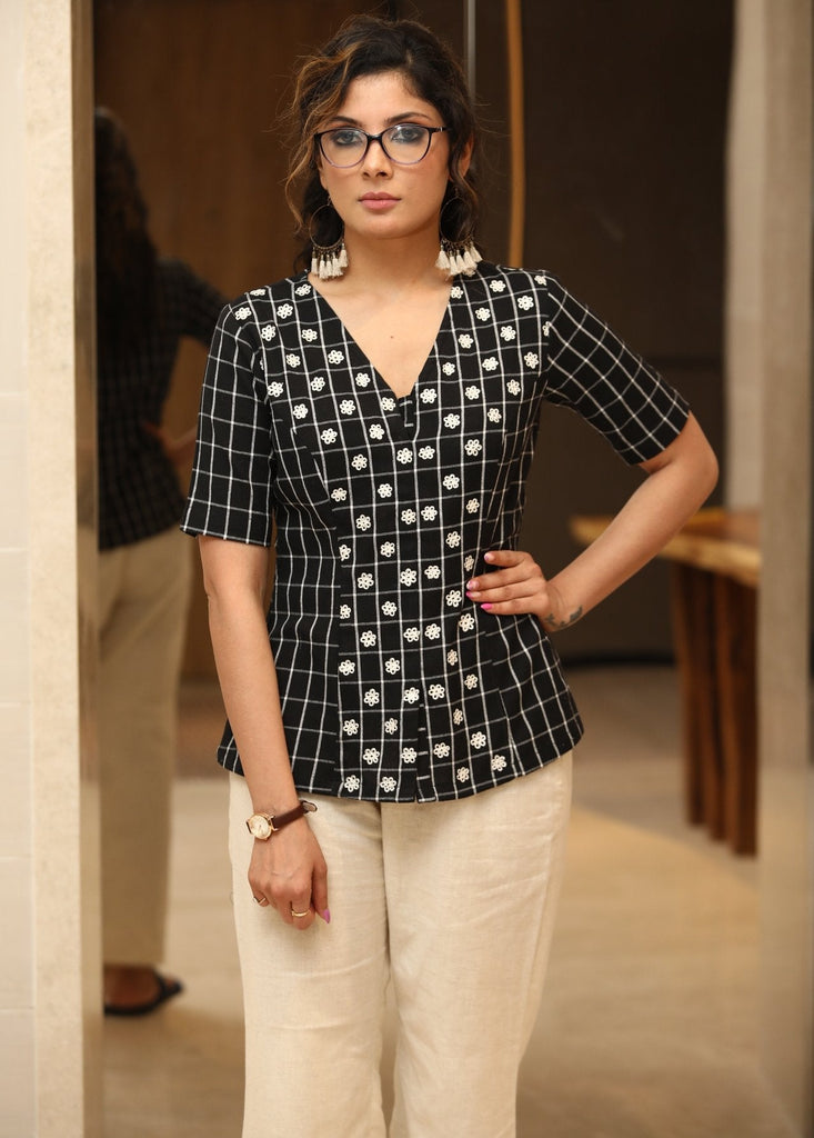 Chequered black cotton top with embroidered front
