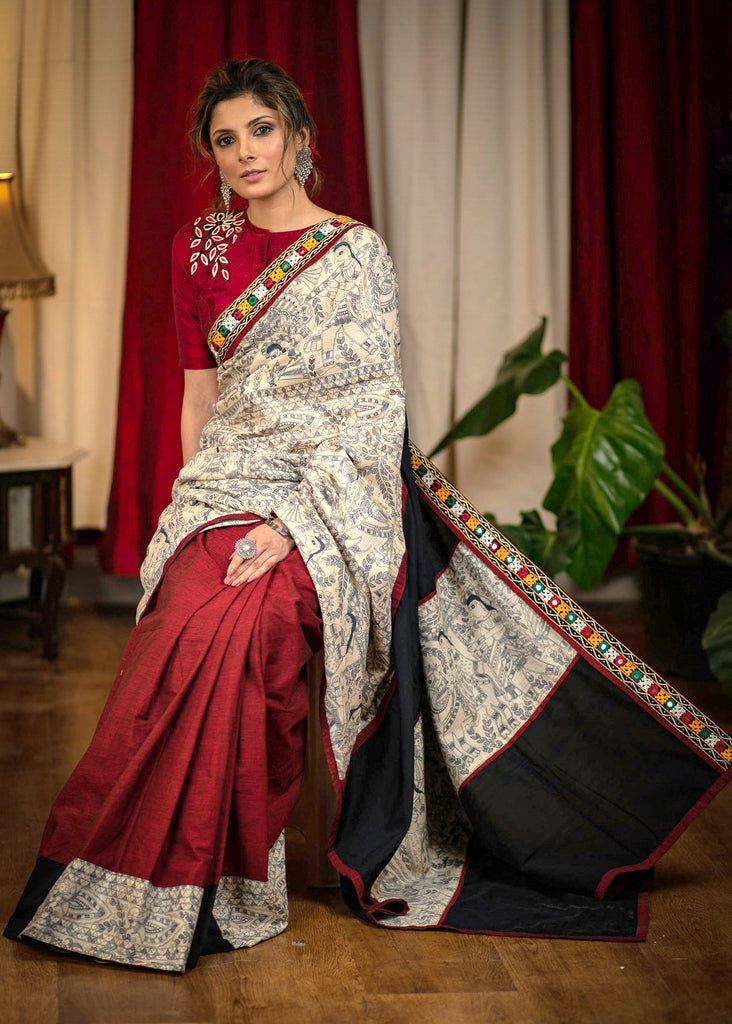 Exclusive Madhubani printed designer saree with kutch mirror work & maroon handloom cotton pleats