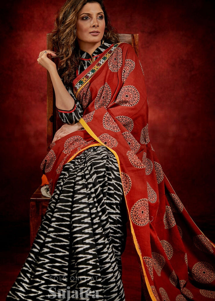 Ajrakh block print & ikat combination saree with kutch mirror work