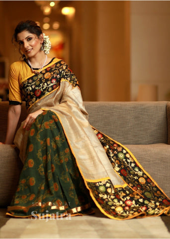 Exclusive benarasi & tusser silk combination saree with Ajrakh block printed pleats