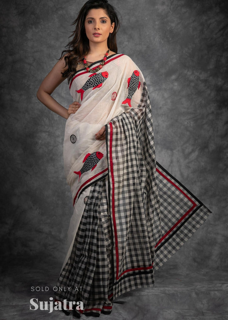 Exclusive fish motifs embroidered bengal handloom cotton saree