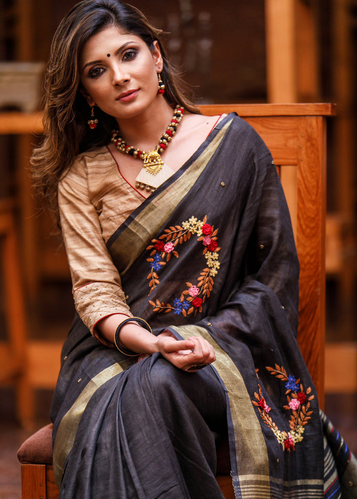 Exclusive black pure linen saree with hand embroidery
