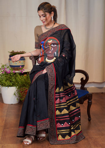 Chanderi black hand painted saree with beautiful Ajrakh border