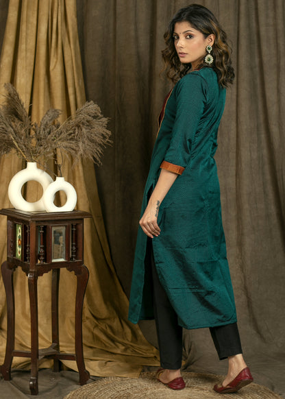 Elegant Traditional Teal Colored Khun Straight Cut Kurta with Contrast Stonework Yoke - Pant Optional