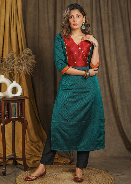 Elegant Traditional Teal Colored Khun Straight Cut Kurta with Contrast Stonework Yoke - Pant Optional