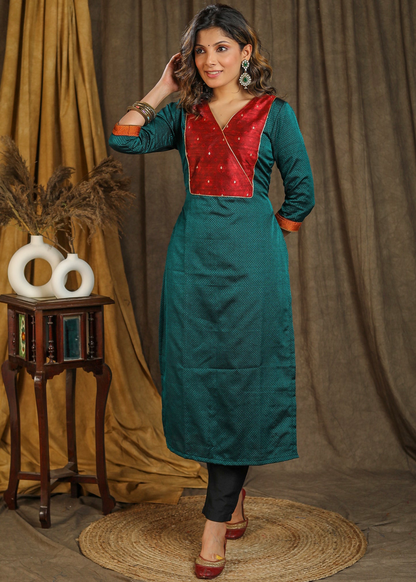 Elegant Traditional Teal Colored Khun Straight Cut Kurta with Contrast Stonework Yoke - Pant Optional