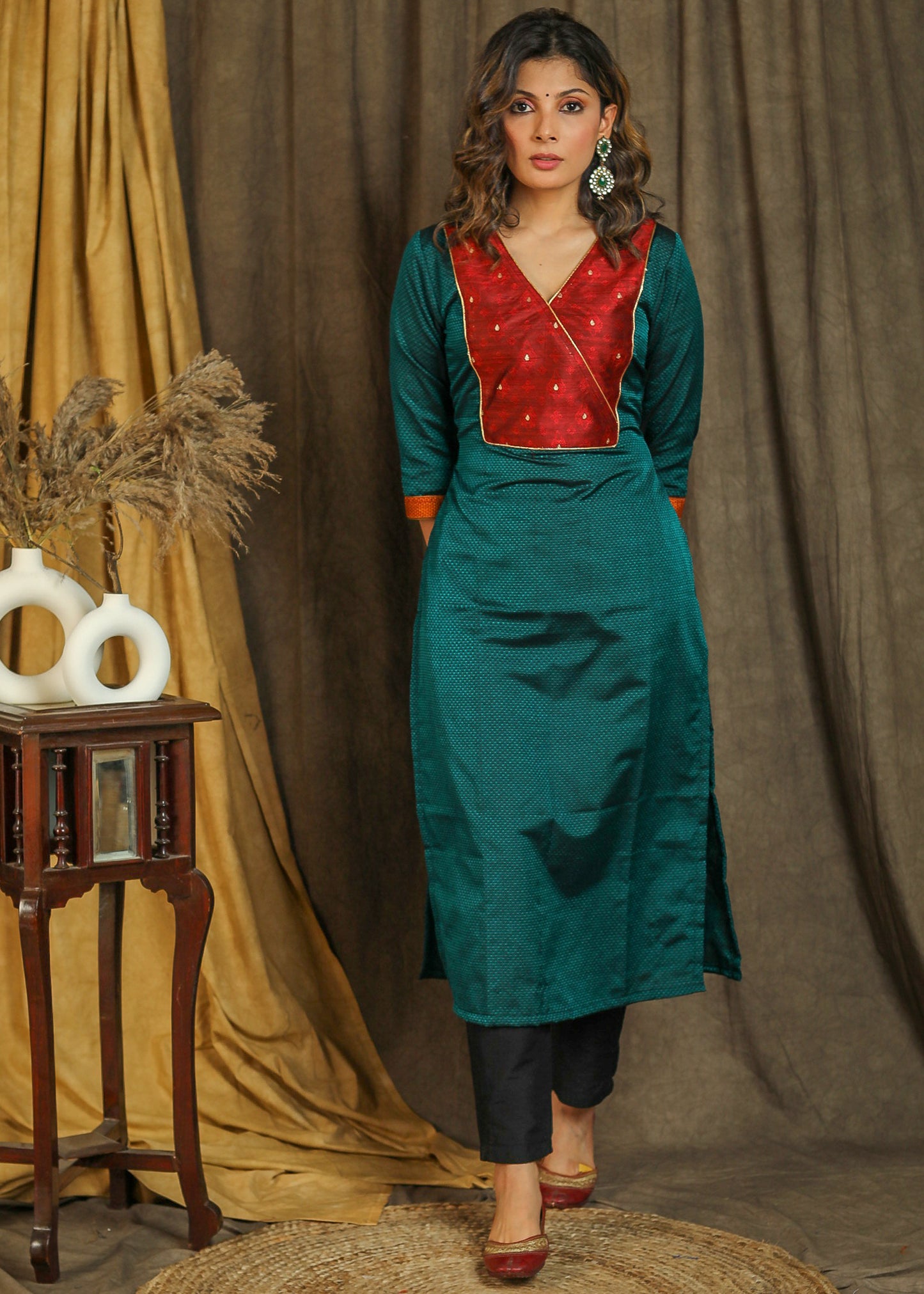 Elegant Traditional Teal Colored Khun Straight Cut Kurta with Contrast Stonework Yoke - Pant Optional