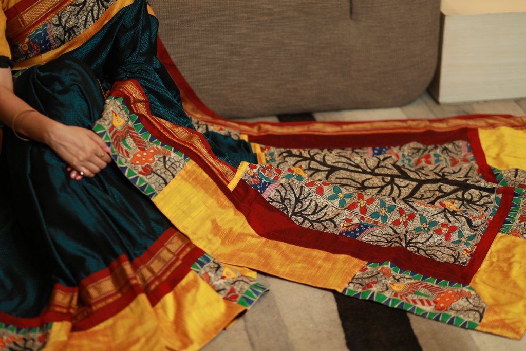 Exclusive khun saree with hand painted madhubani combination pallu and border