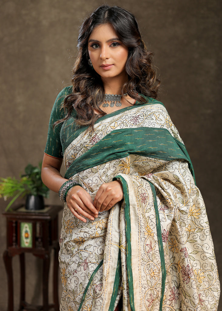 Maroon Cotton saree with exclusive Kantha work Pallu and Ajrakh border