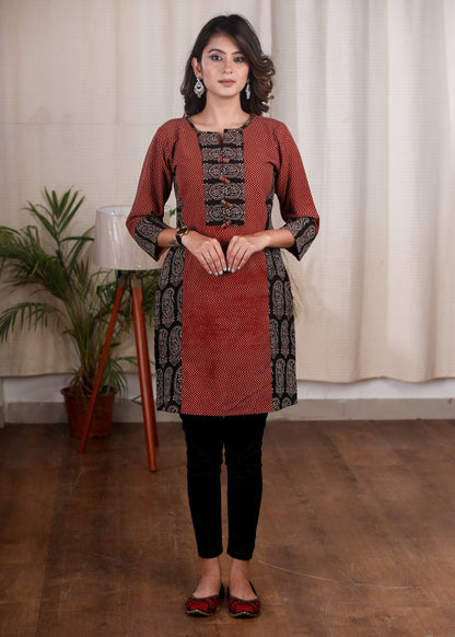 Exclusive Ajrakh paisley printed combination tunic