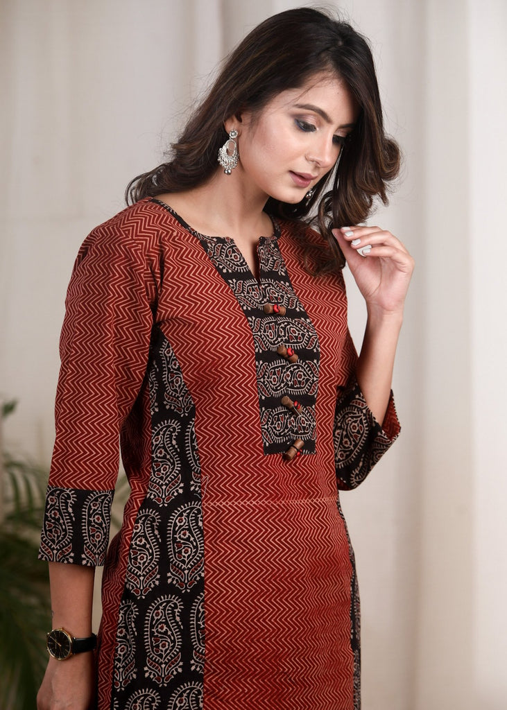Exclusive Ajrakh paisley printed combination tunic
