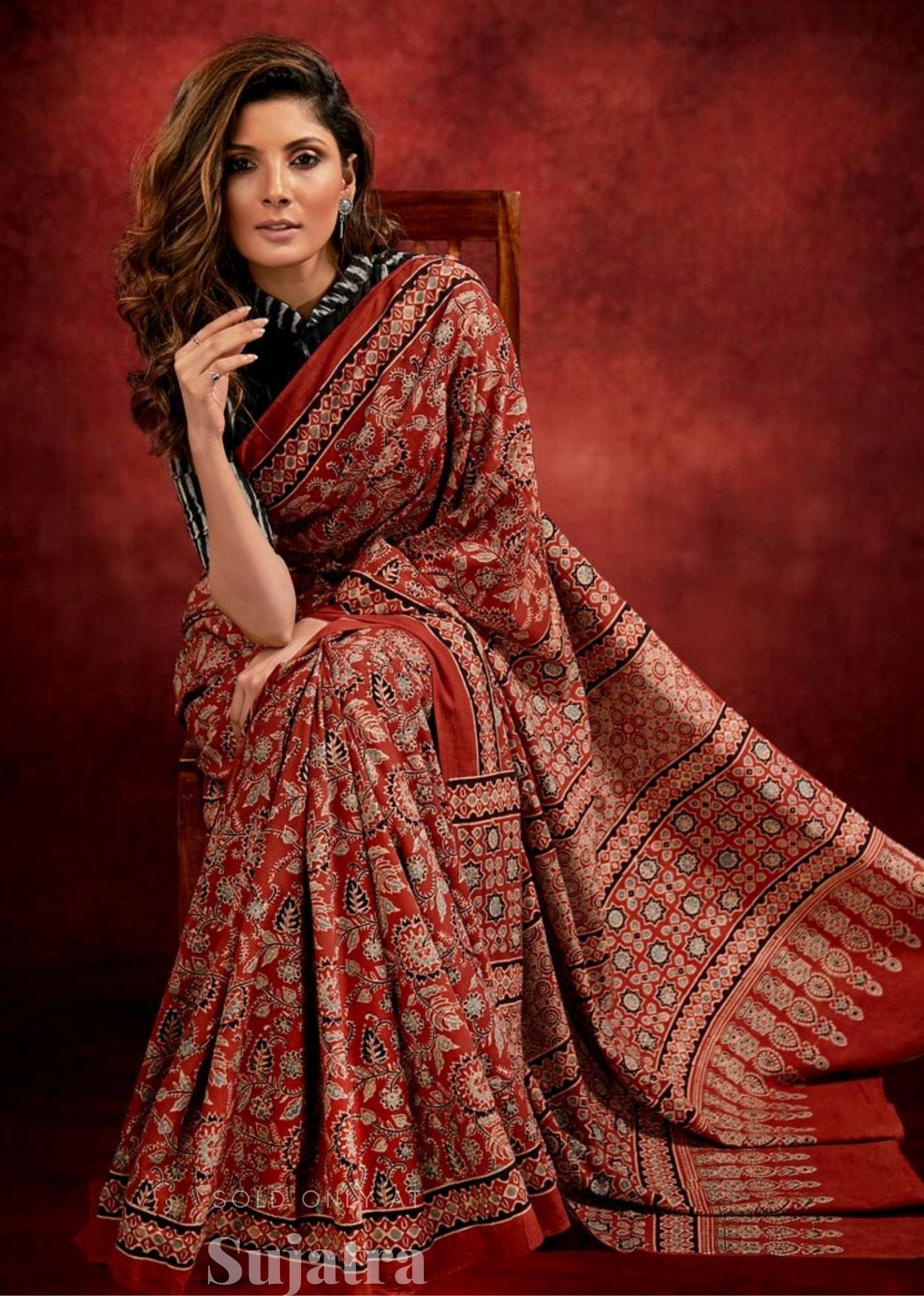 Ajrakh block printed pure cotton saree