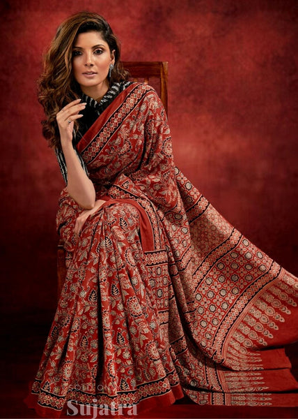 Ajrakh block printed pure cotton saree with ikat blouse combination