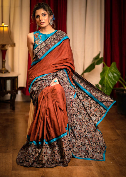 Exclusive rust handloom cotton Ajrakh designer saree