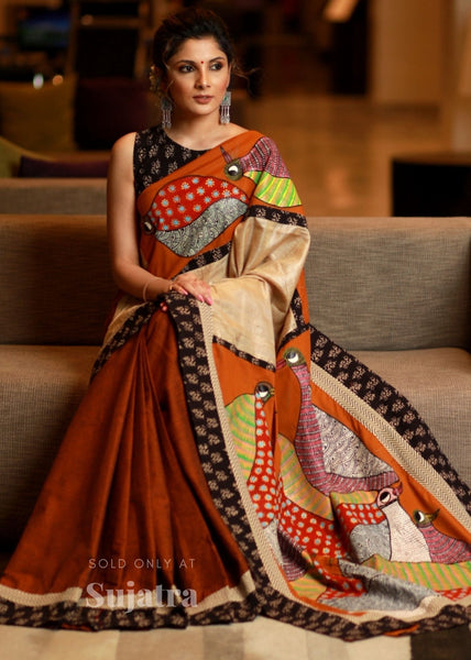 Exclusive hand painted gond tribal art saree on brown handloom cotton
