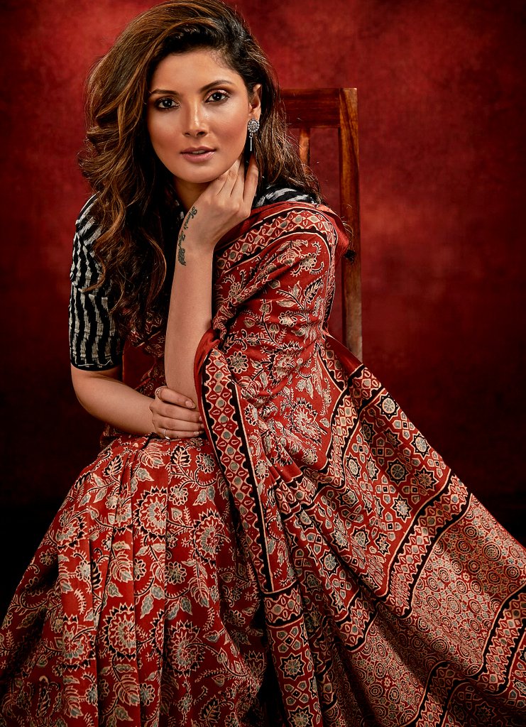 Ajrakh block printed pure cotton saree