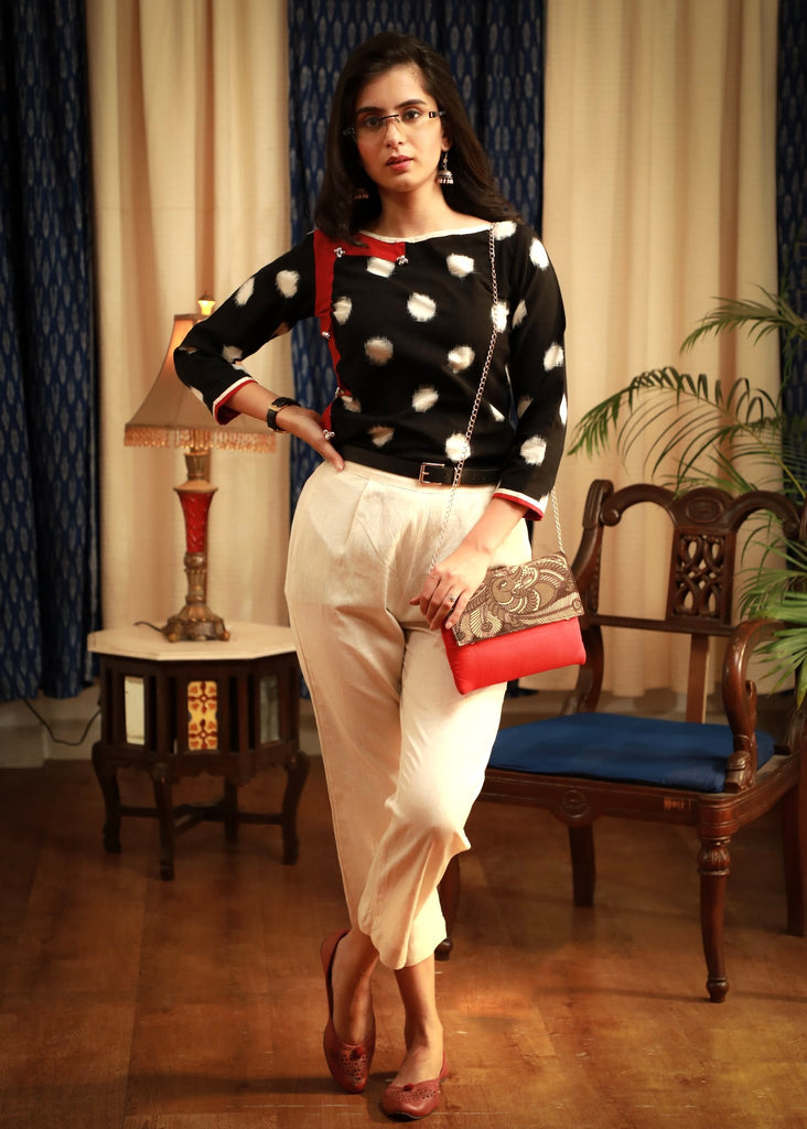 Black & white polka dot ikat pure cotton top with side ghugroo embellishment