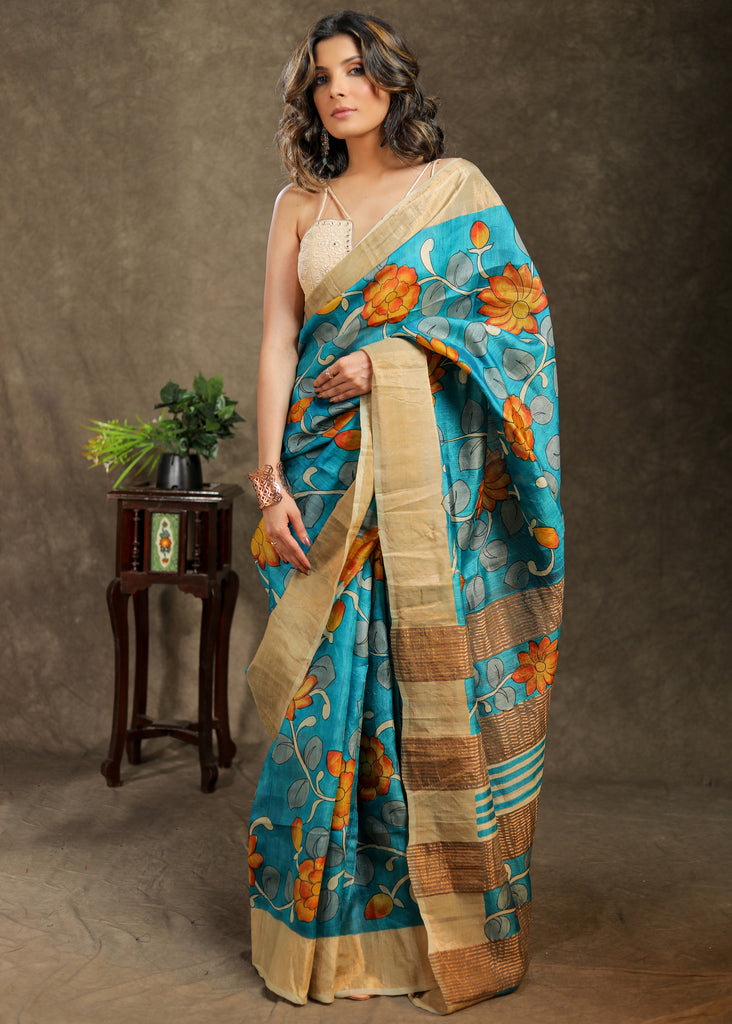 Stylish pure Tussar silk blue saree with Kalamkari design